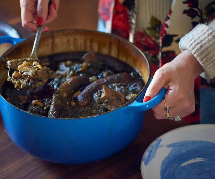 P'kaila (Burnt Spinach, Bean, and Sausage Stew) image