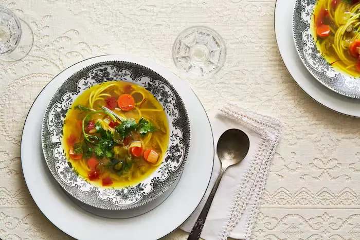 Saffron Chicken Broth with Toasted Pasta and Vegetables image