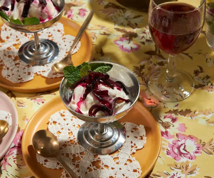 Non-Dairy Ice Cream Topped With Roasted Beets and Mint  image