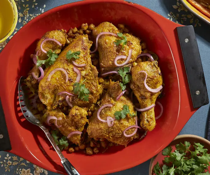 Chicken with Turmeric Tahini, Chickpeas, and Onions image