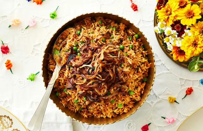Rose Harissa and Pea Pilau With Crunchy Burnt Onions image