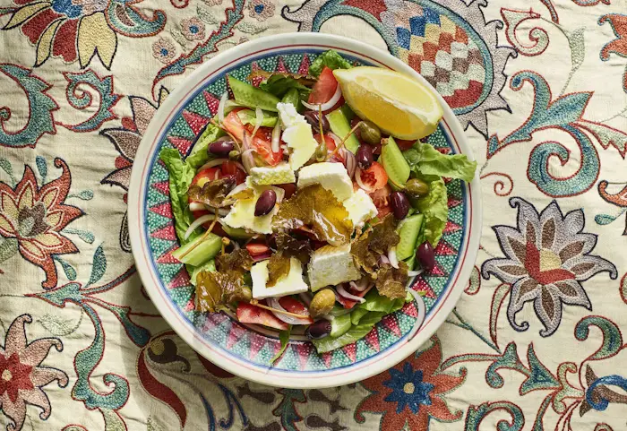 Greek-Inspired Salad With Crispy Grape Leaves image