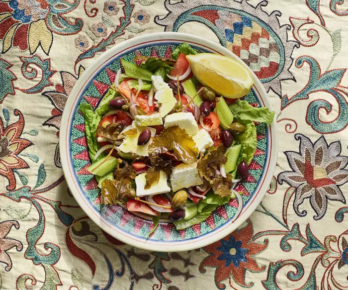 Greek-Inspired Salad With Crispy Grape Leaves image