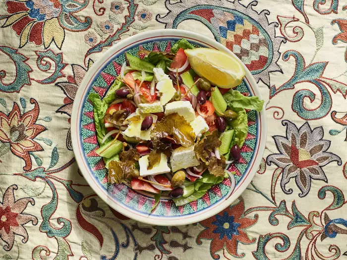 Greek-Inspired Salad With Crispy Grape Leaves image